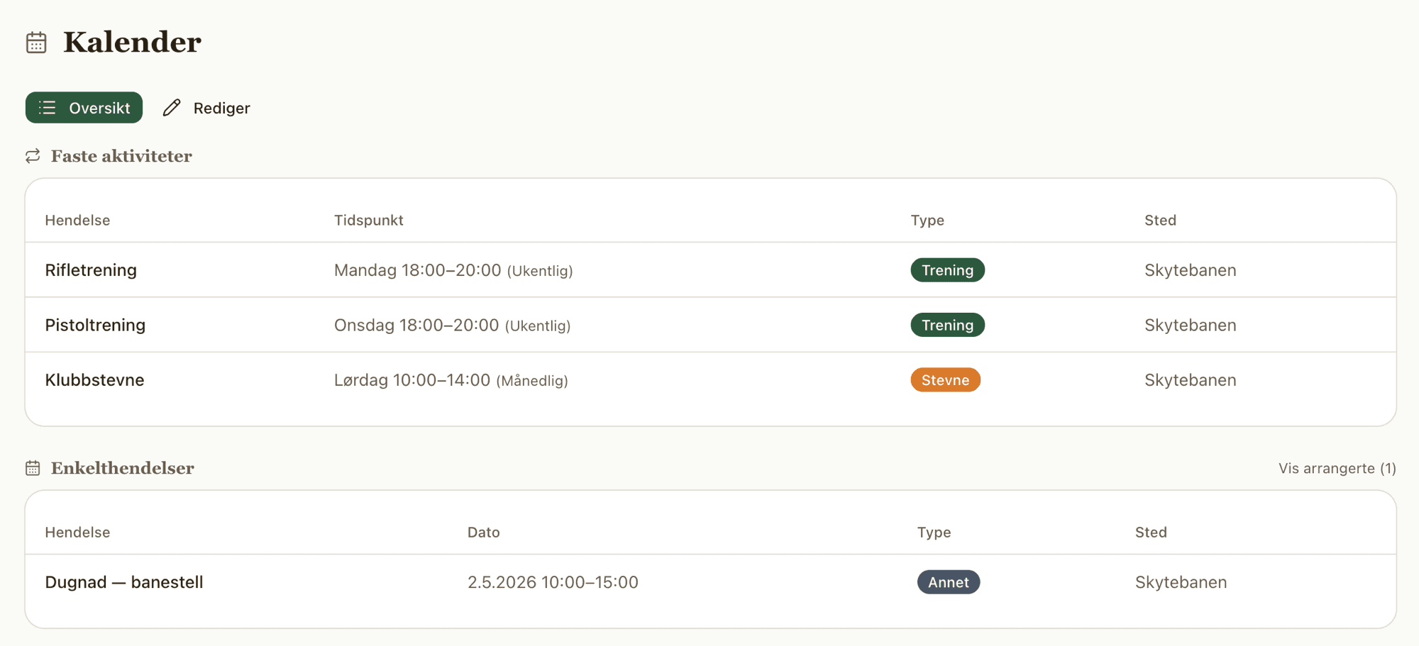 Kalendervisning med faste aktiviteter og enkelthendelser