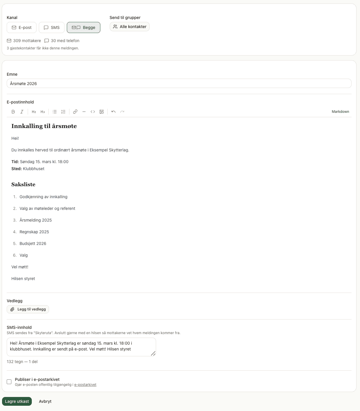 Meldingseditor med e-post og SMS-innhold
